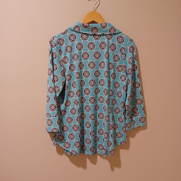 Lulu B Teal Blue Geometric V-Neck Long Sleeve Button Front Top Large Colorful - Picture 4 of 8